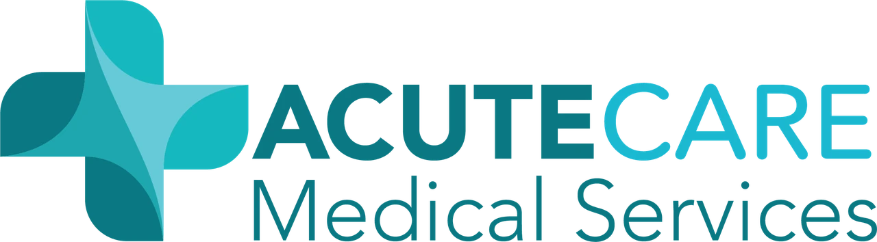Acute Care Medical Services logo with a layered turquoise cross and teal lettering