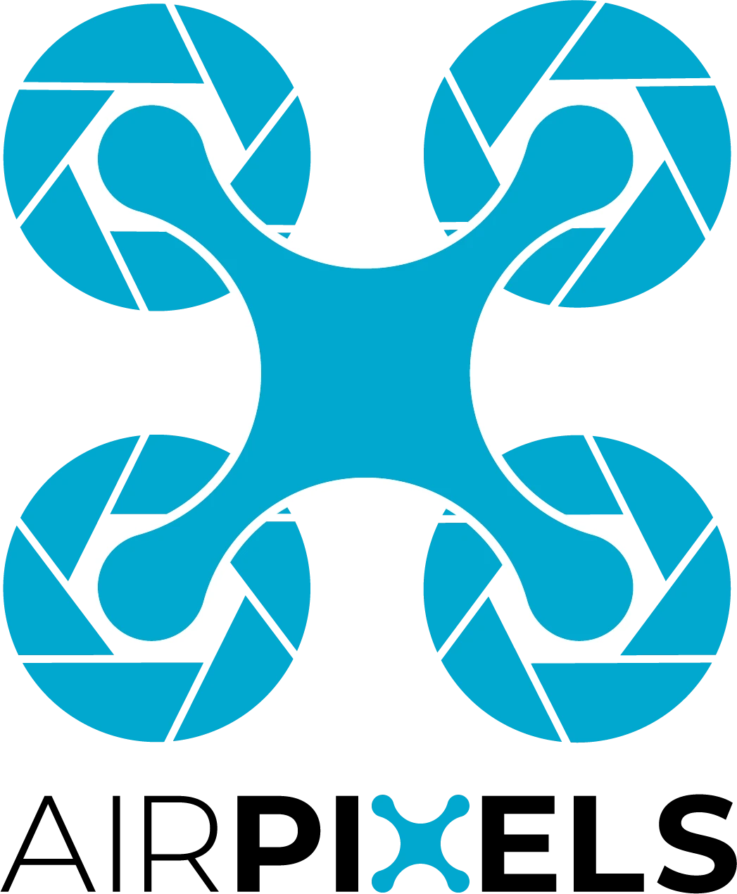 Air Pixels logo featuring a turquoise drone shape with camera-aperture rotors above black and turquoise lettering