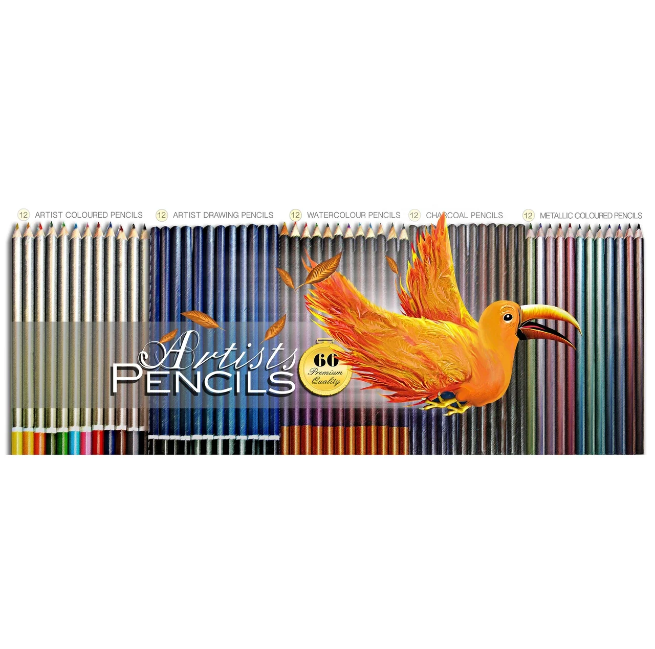 Artists’ Pencils packaging featuring an orange bird in flight over rows of coloured and drawing pencils