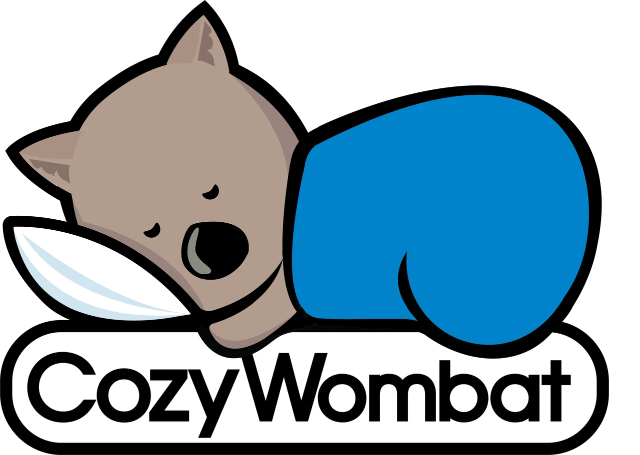 Cozy Wombat Bedding illustrated logo showing a sleeping wombat under a blue blanket above the business name