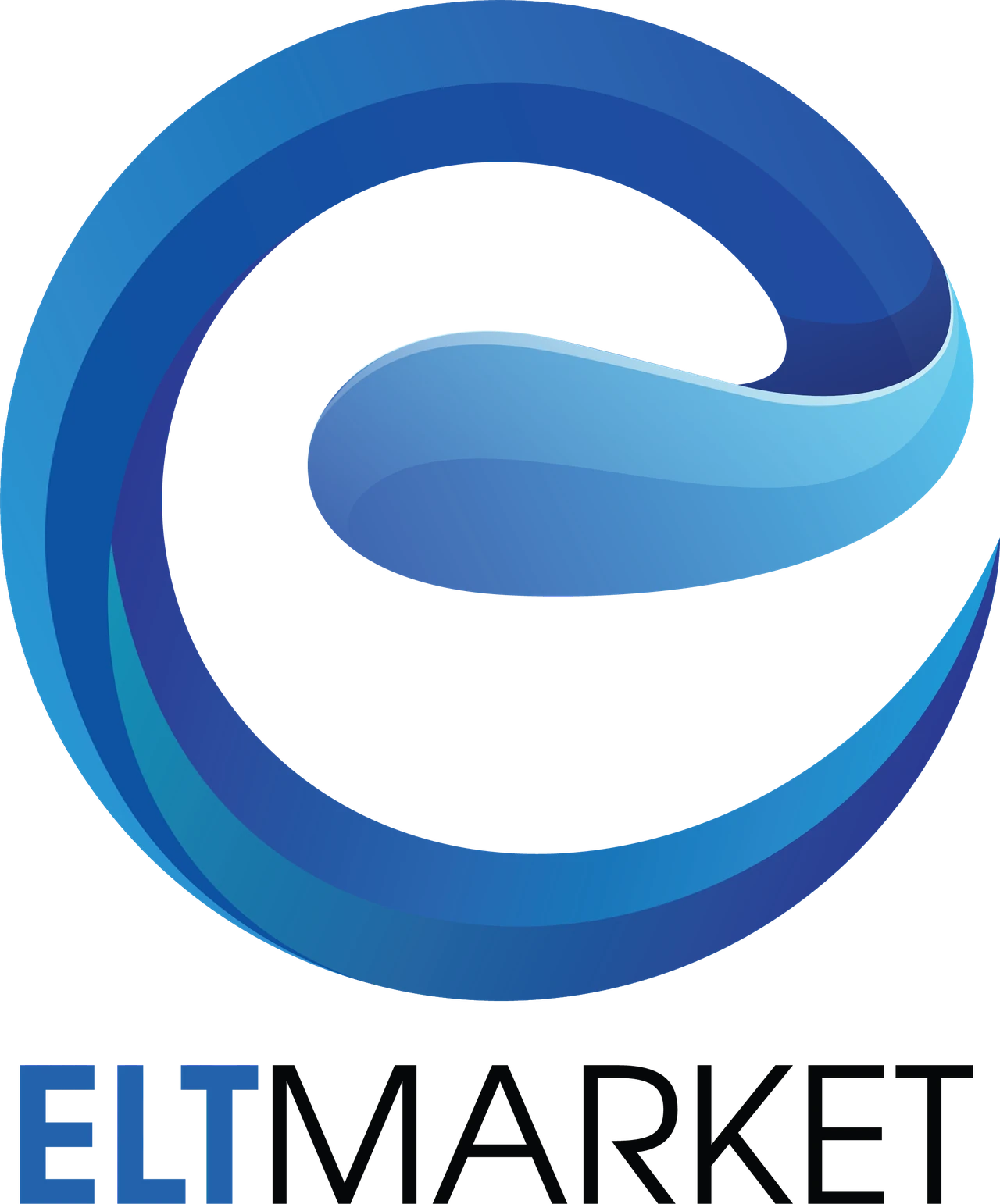ELT Market logo with a flowing blue ribbon forming a lowercase e above blue and black lettering