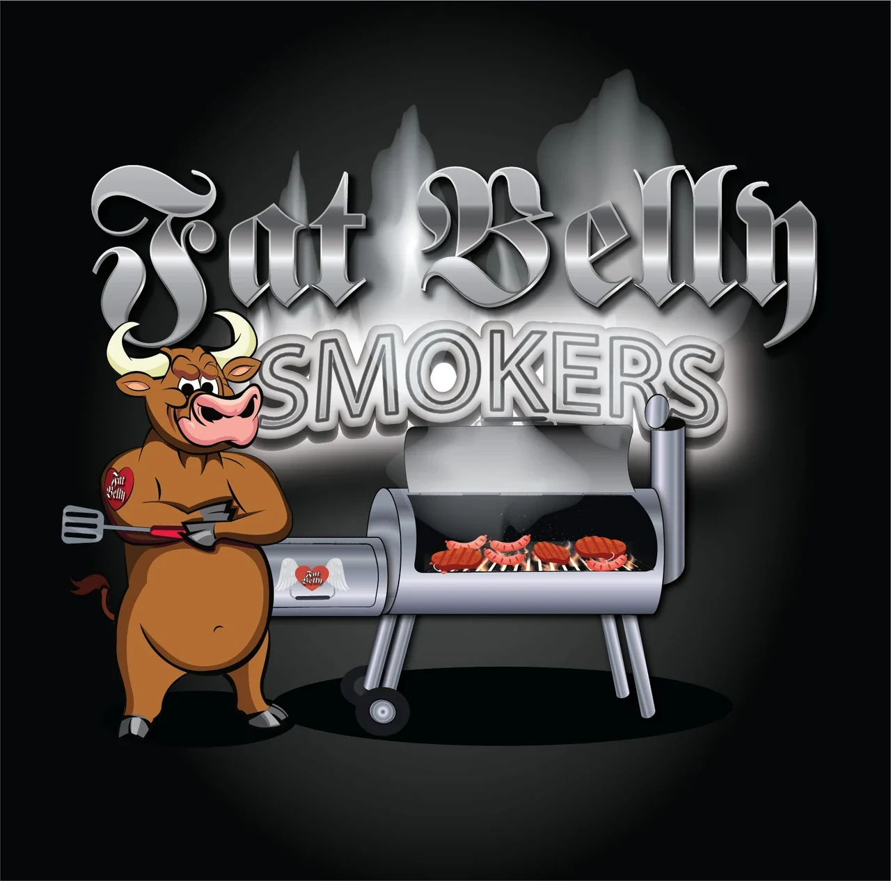 Fat Belly Smokers artwork featuring a cartoon bull, barbecue smoker and metallic lettering