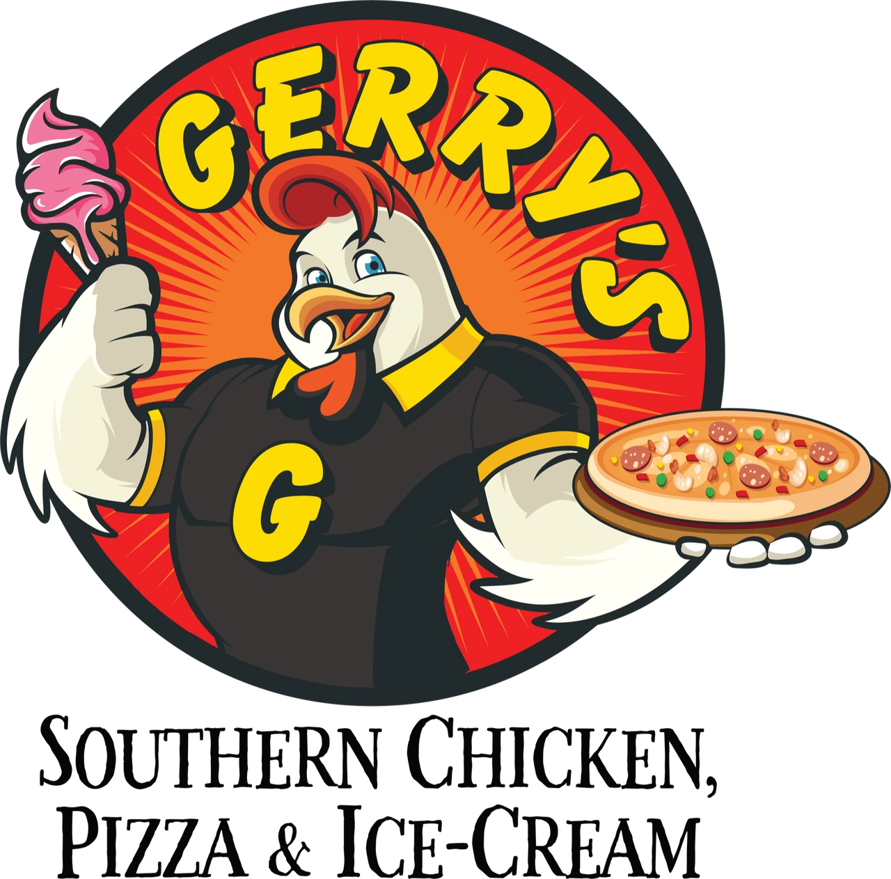 Gerry’s Southern Chicken and Pizza illustrated logo with a chicken character holding pizza and ice cream against a red and orange circular background
