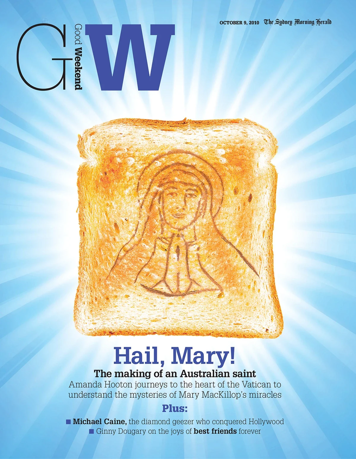 Good Weekend Hail, Mary! cover with an illustration of Mary on a slice of toast against blue rays