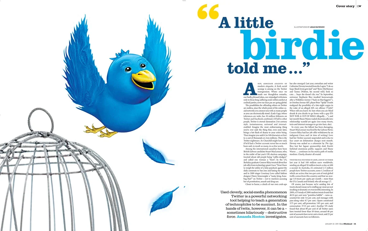 Good Weekend A little birdie told me editorial spread featuring a blue bird flying out of a cage