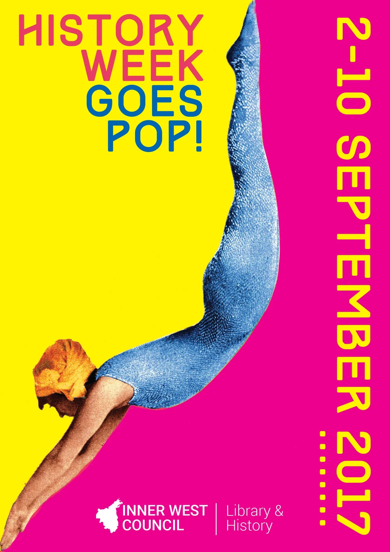 History Week Goes Pop poster with a diving figure against yellow and pink