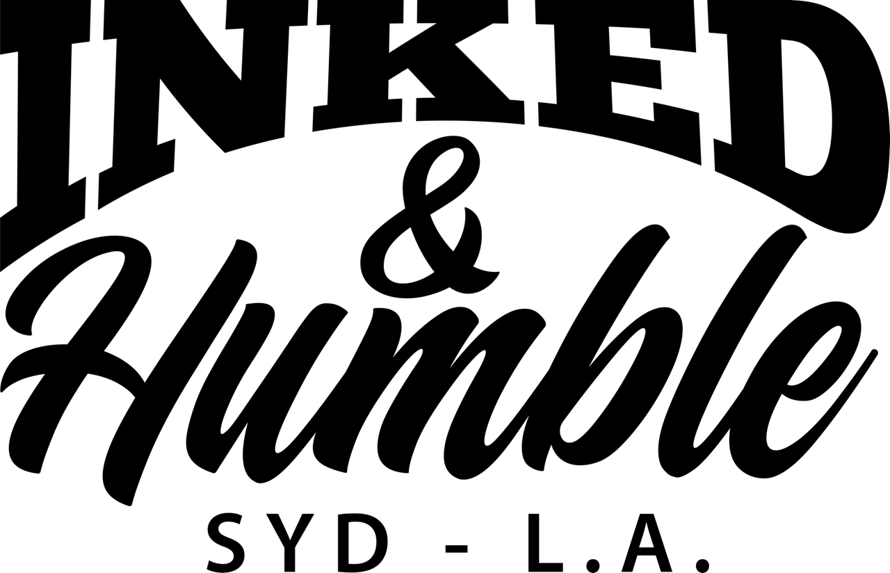Inked and Humble black typographic logo combining arched block lettering and script, with SYD – L.A. beneath