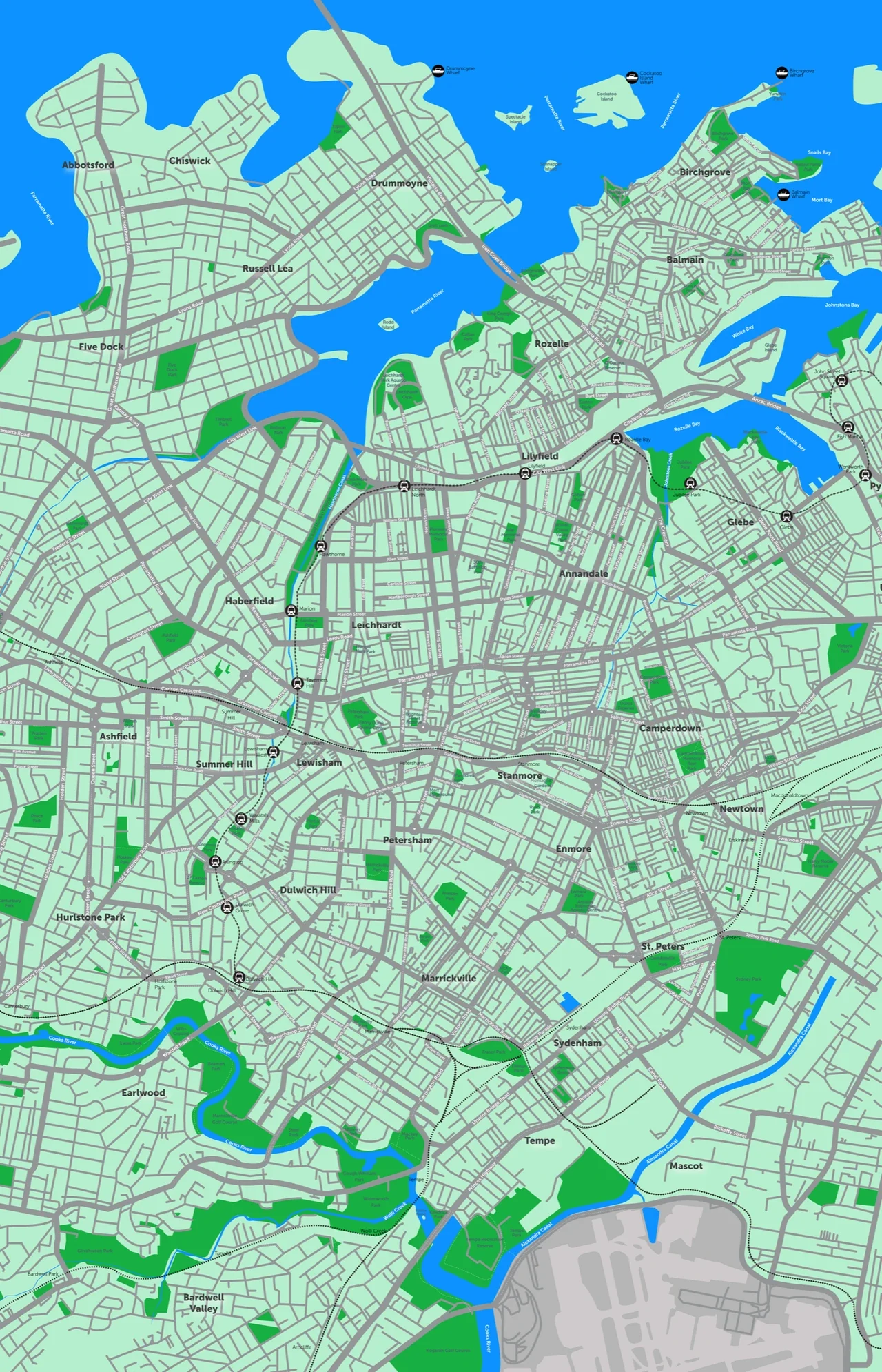 Detailed map of Sydney’s Inner West showing suburbs, streets, parks, waterways and transport routes