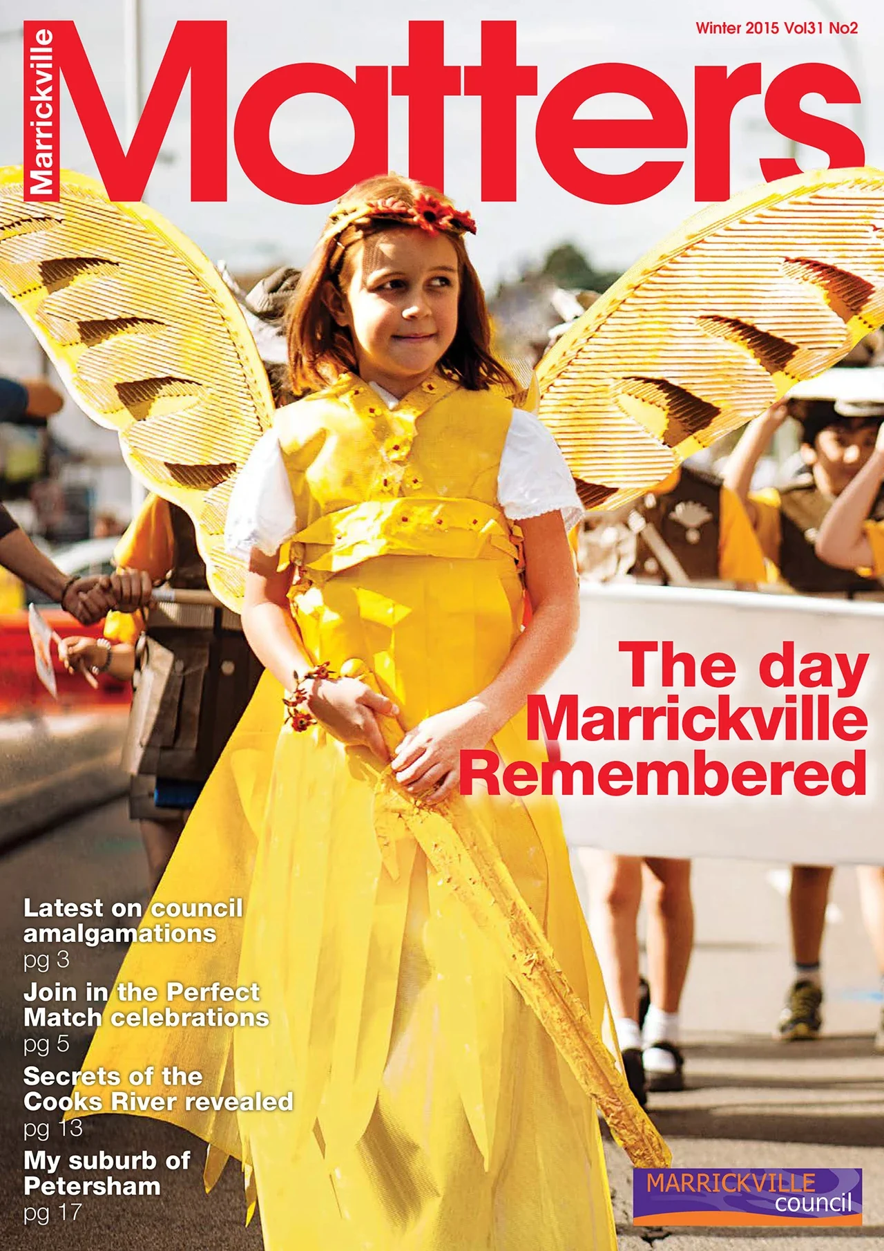 Marrickville Matters Winter 2015 cover with a red masthead and a photograph of a child in a yellow butterfly costume