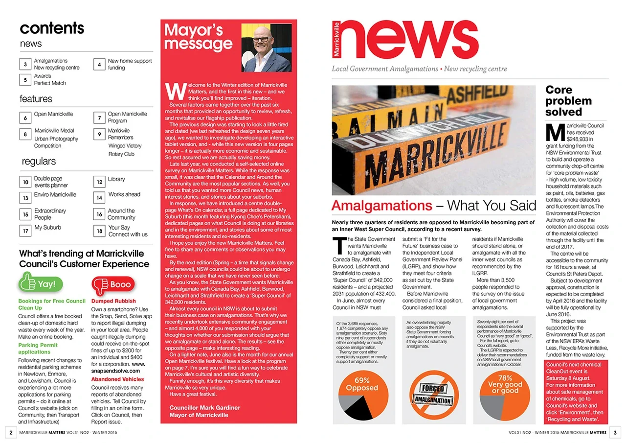Marrickville Matters contents and news spread with red typography, columns and infographics