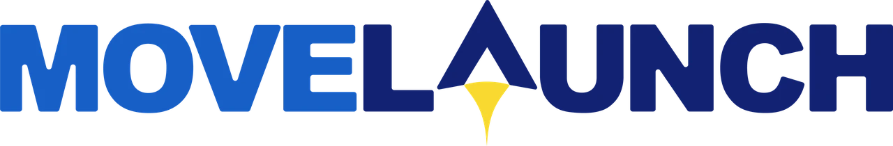 Move Launch logo in blue and navy with a rocket-shaped A and yellow flame