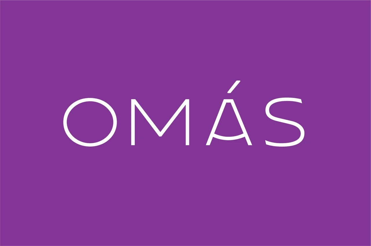 OMÁS logo in fine white lettering on a purple background