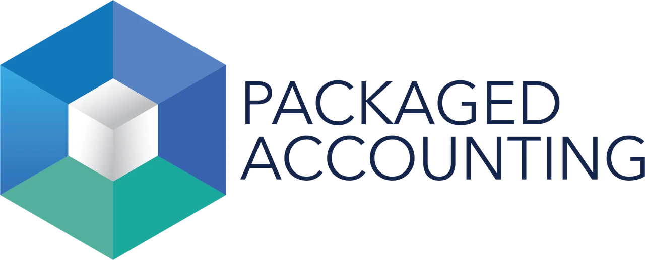 Packaged Accounting logo with a blue and teal geometric hexagon around a white cube beside navy lettering