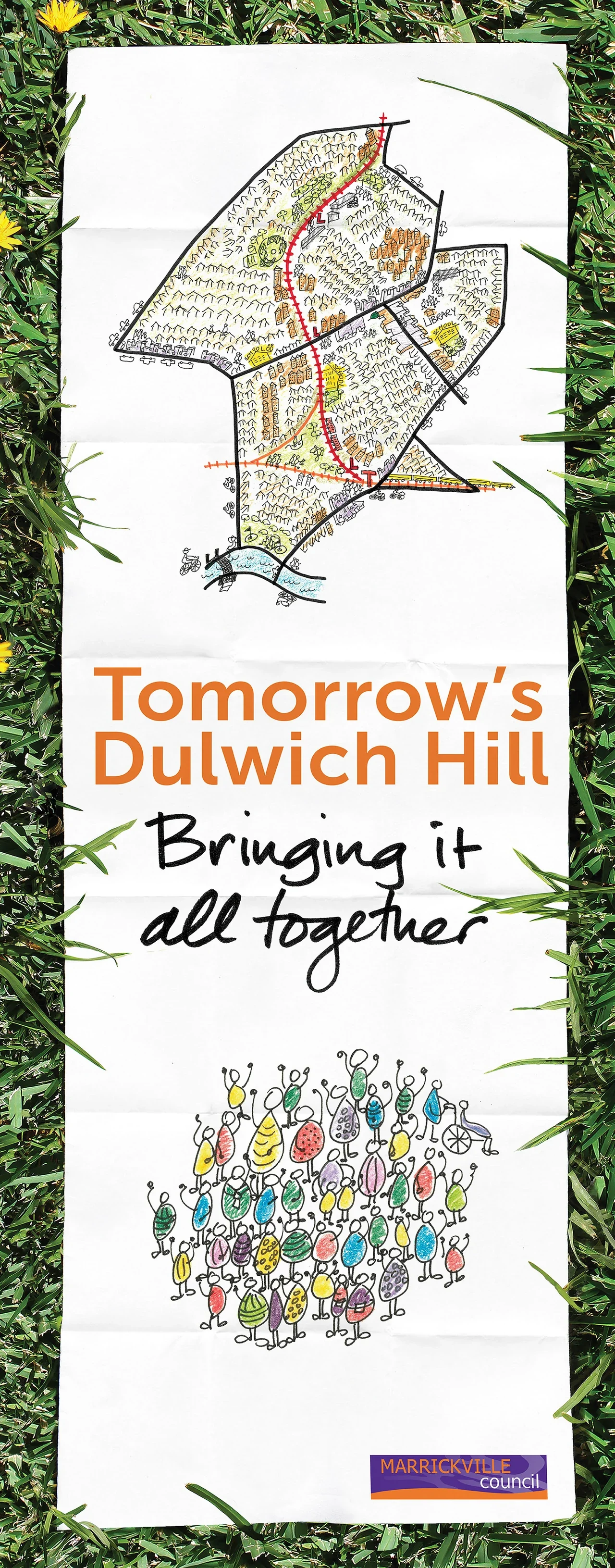 Tomorrow’s Dulwich Hill design with a hand-drawn neighbourhood map and people on folded paper surrounded by grass