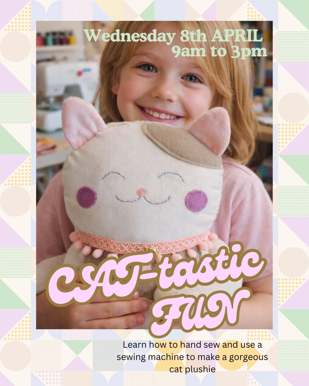 Past cat plushie workshop poster showing a child holding a handmade cat cushion