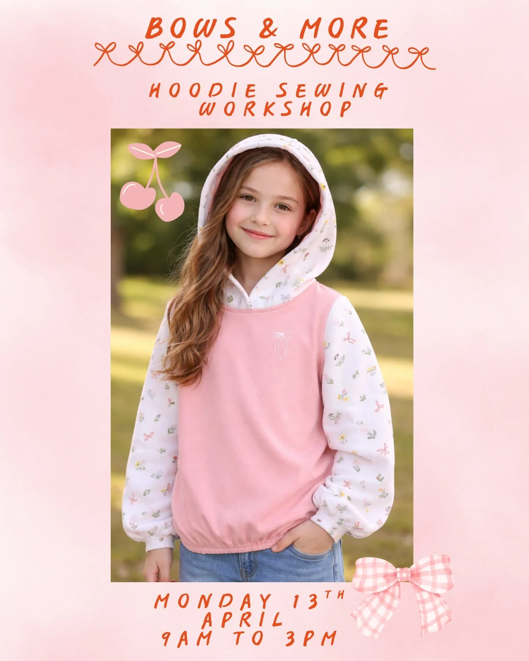 Past hoodie workshop poster showing a pink hoodie with patterned sleeves